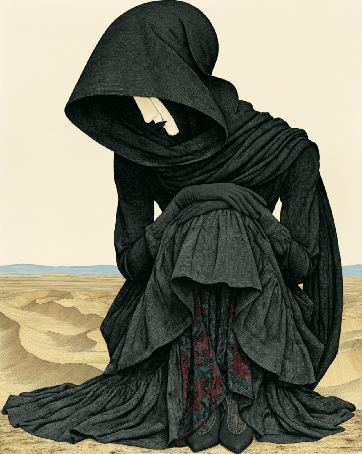 Illustration of a hooded figure kneeling in a desert, cradling cloth