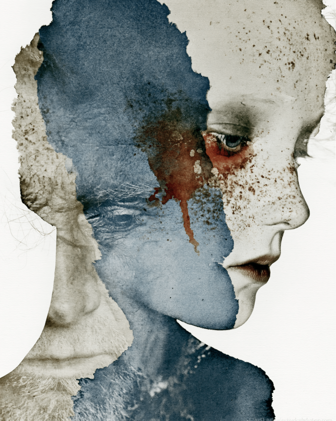 Surreal portrait of a figure in profile, washed in blue watercolour with a red tear